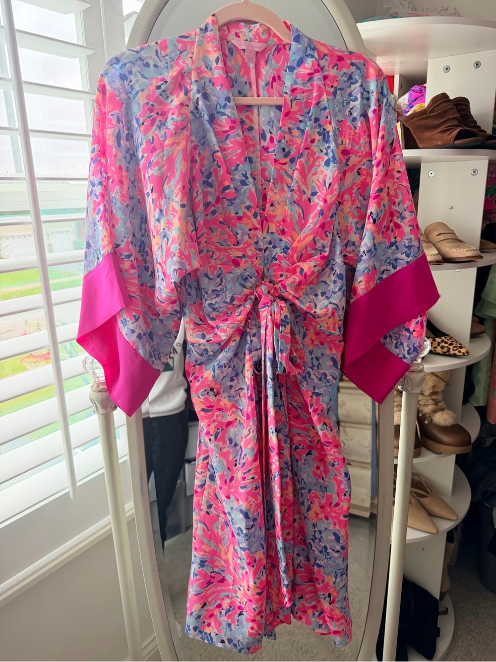 Lilly Pulitzer Kimora Kimono Pink & Blue Floral Tie-Front Midi Dress
